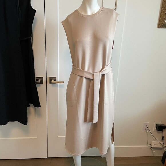 Spanx Aire. Sleeveless Tank Dress w Belt & Shoulder Pads Tahini Tan Sz M NWT - Picture 1 of 15